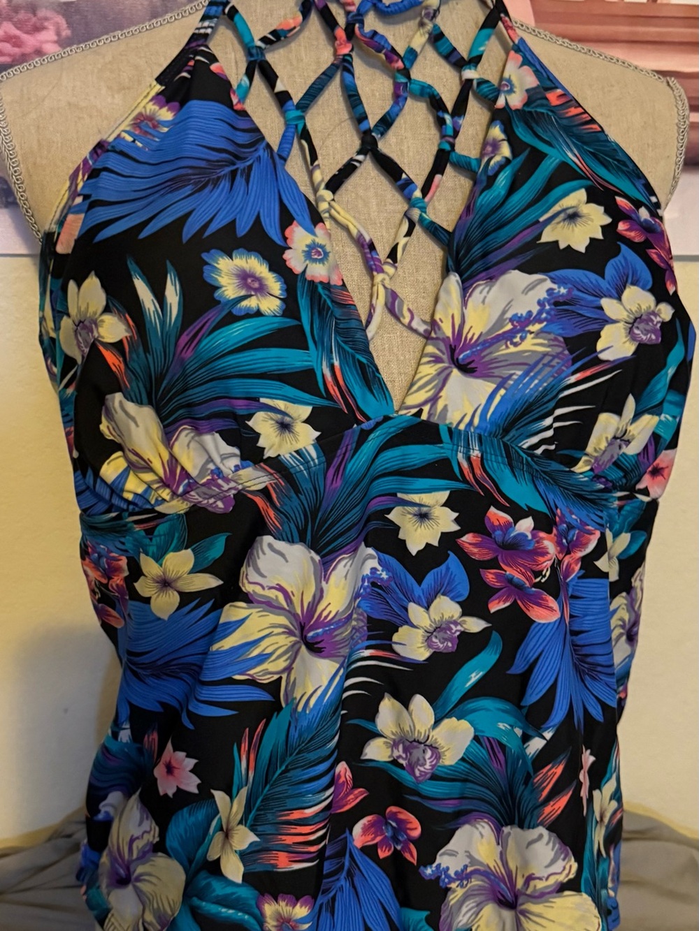 Tropical Floral Halter Swim Suit - Black with Blue & Teal Florals